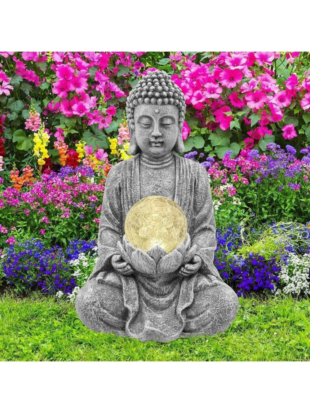 Zen Buddha Statue with Solar Light | Cracked Glass Ball Garden Decor